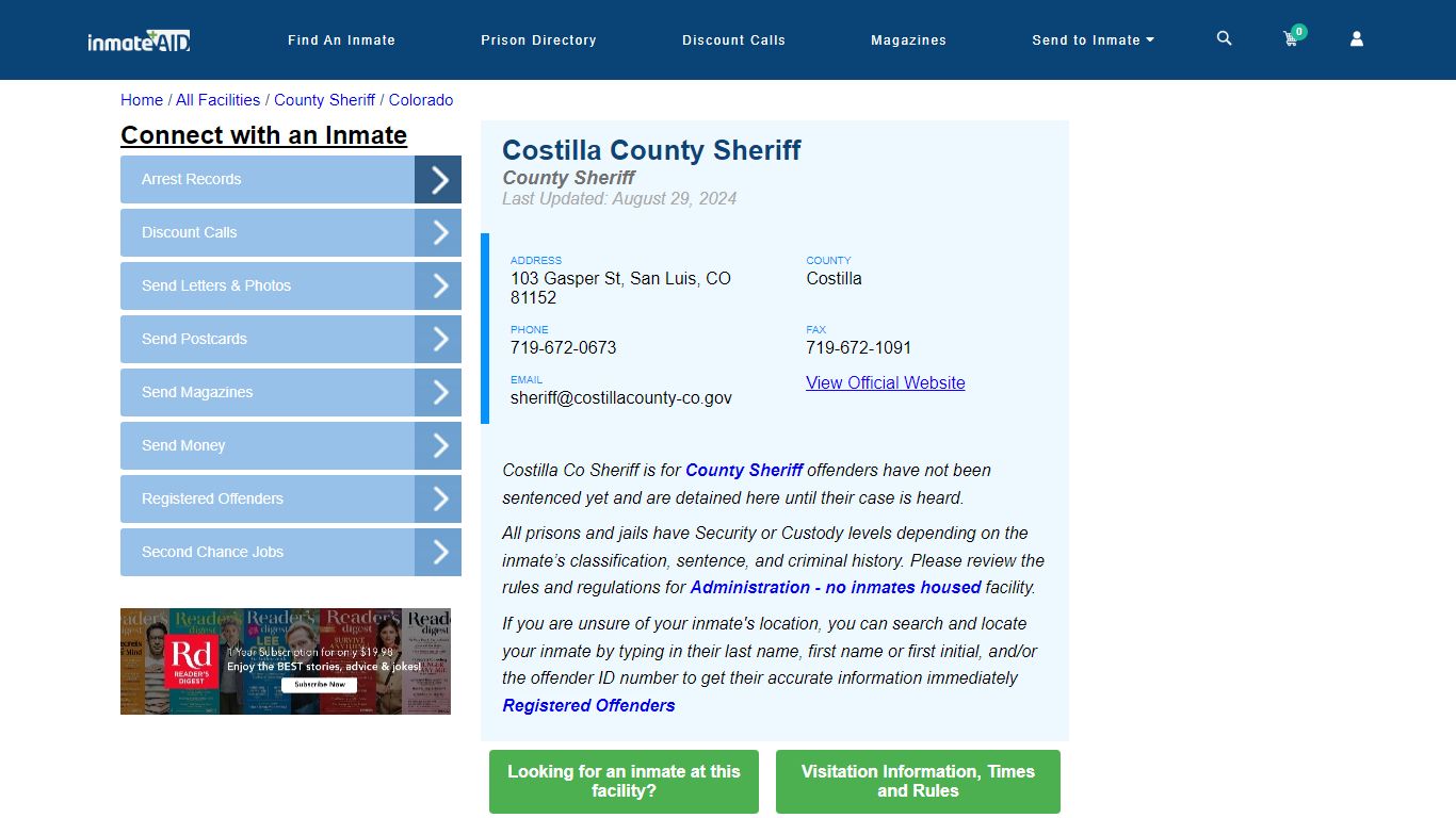 Costilla County Sheriff & Arrest Search - InmateAid