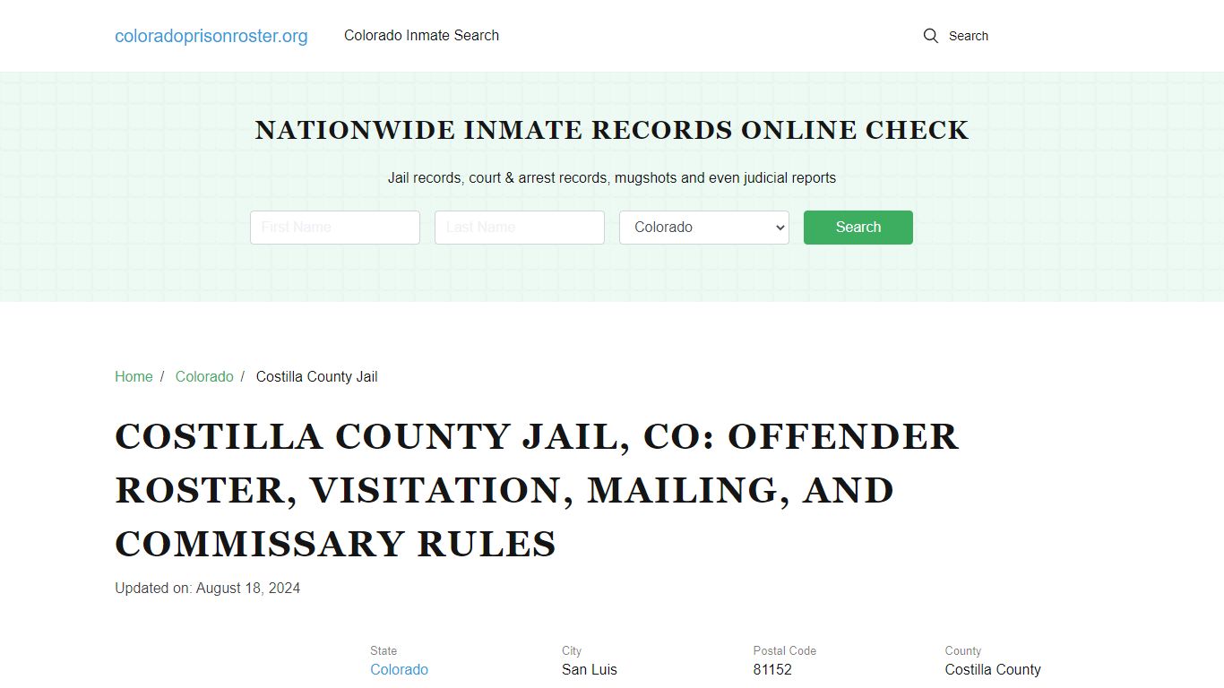 Costilla County Jail, CO: Inmate Lookup, Visitations, Contacts