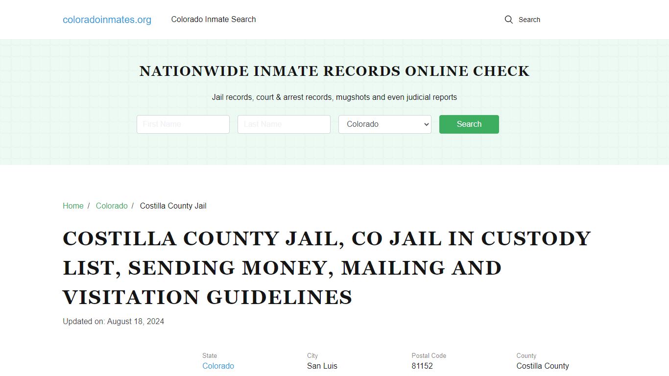 Costilla County Jail, CO: Incarcerated Inmate Search, Visitation, Contacts